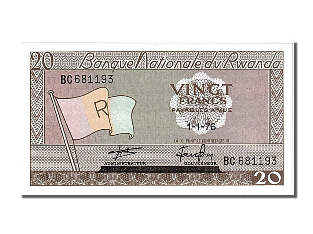 Rwanda, 20 Francs, 1976, KM #6e, 1976-01-01, UNC(65-70), BC 681193