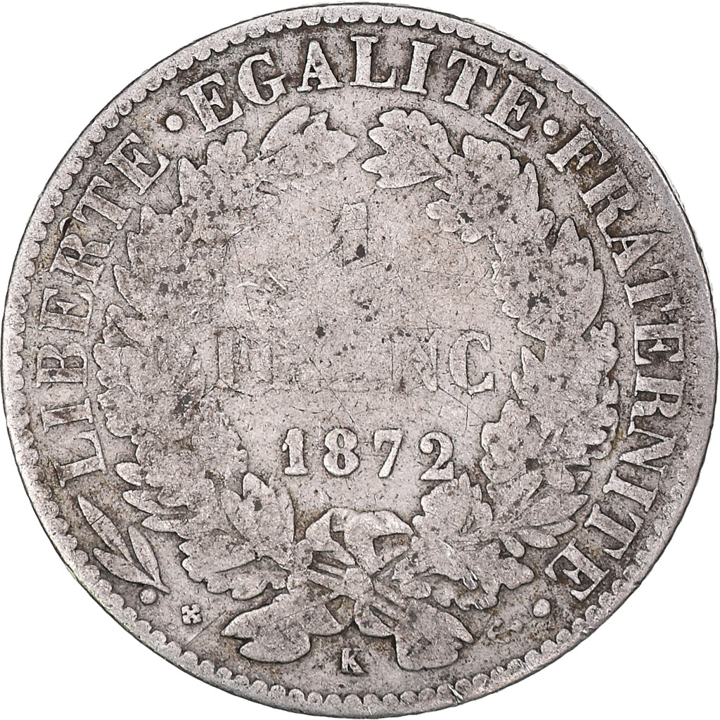 Coin, France, Cérès, Franc, 1872, Bordeaux, VG(8-10), Silver, KM:822.2