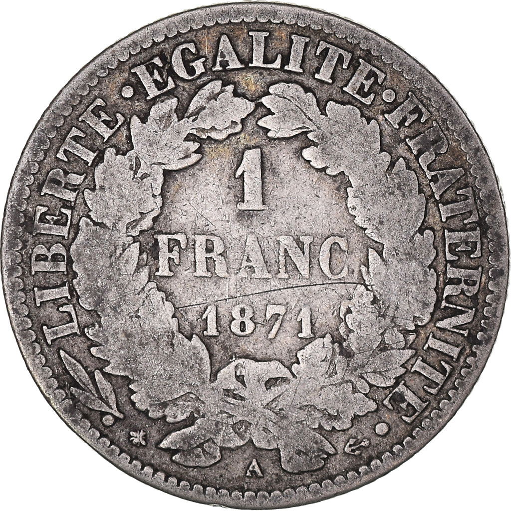 Coin, France, Cérès, Franc, 1871, Paris, VF(20-25), Silver, KM:822.1