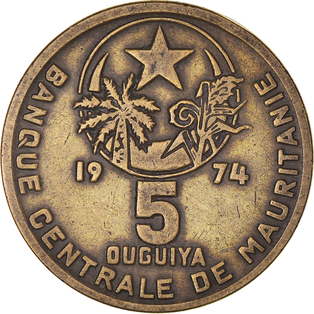 Monnaie, Mauritanie, 5 Ouguiya, 1974/AH1394, TTB, Bronze-Aluminium, KM:3
