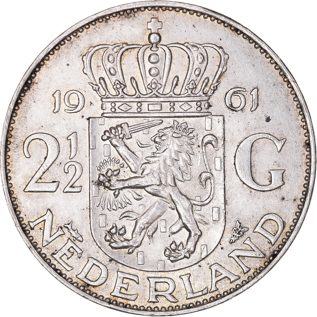 Coin, Netherlands, Juliana, 2-1/2 Gulden, 1961, AU(50-53), Silver, KM:185