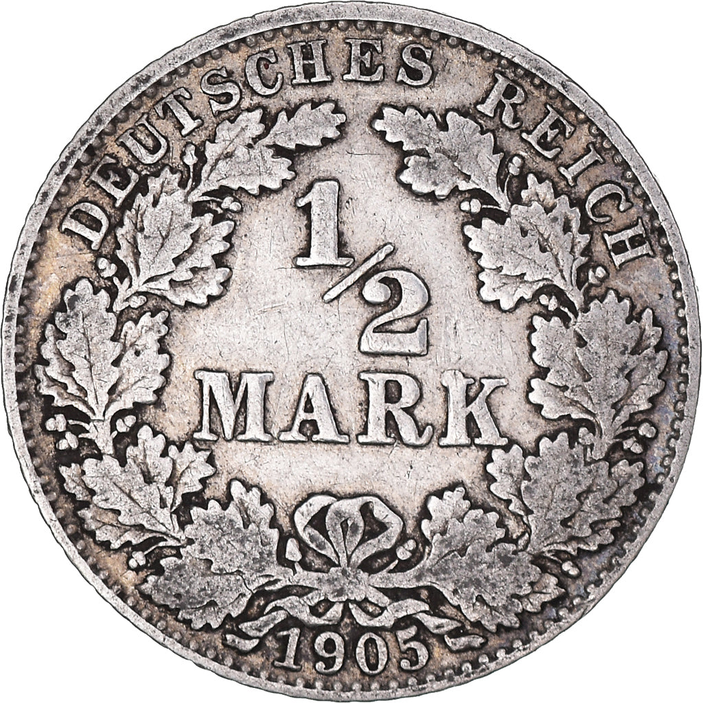 Coin, GERMANY - EMPIRE, 1/2 Mark, 1905, Munich, VF(30-35), Silver, KM:17