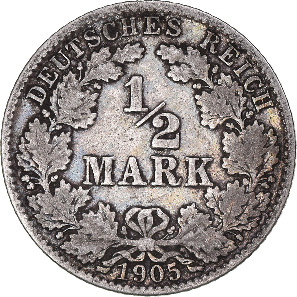 Coin, GERMANY - EMPIRE, 1/2 Mark, 1905, Hambourg, VF(30-35), Silver, KM:17