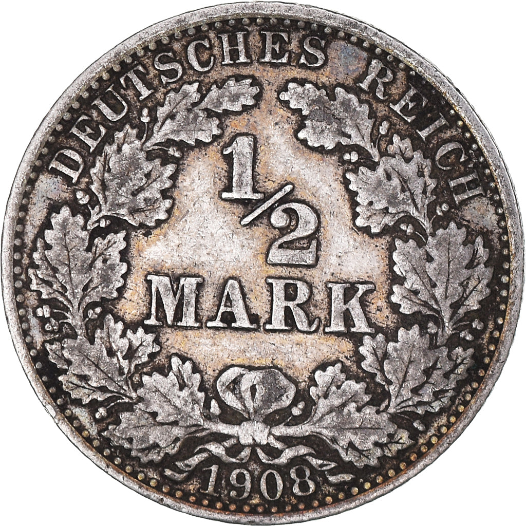 Moneda, ALEMANIA - IMPERIO, 1/2 Mark, 1908, Berlin, BC+, Plata, KM:17