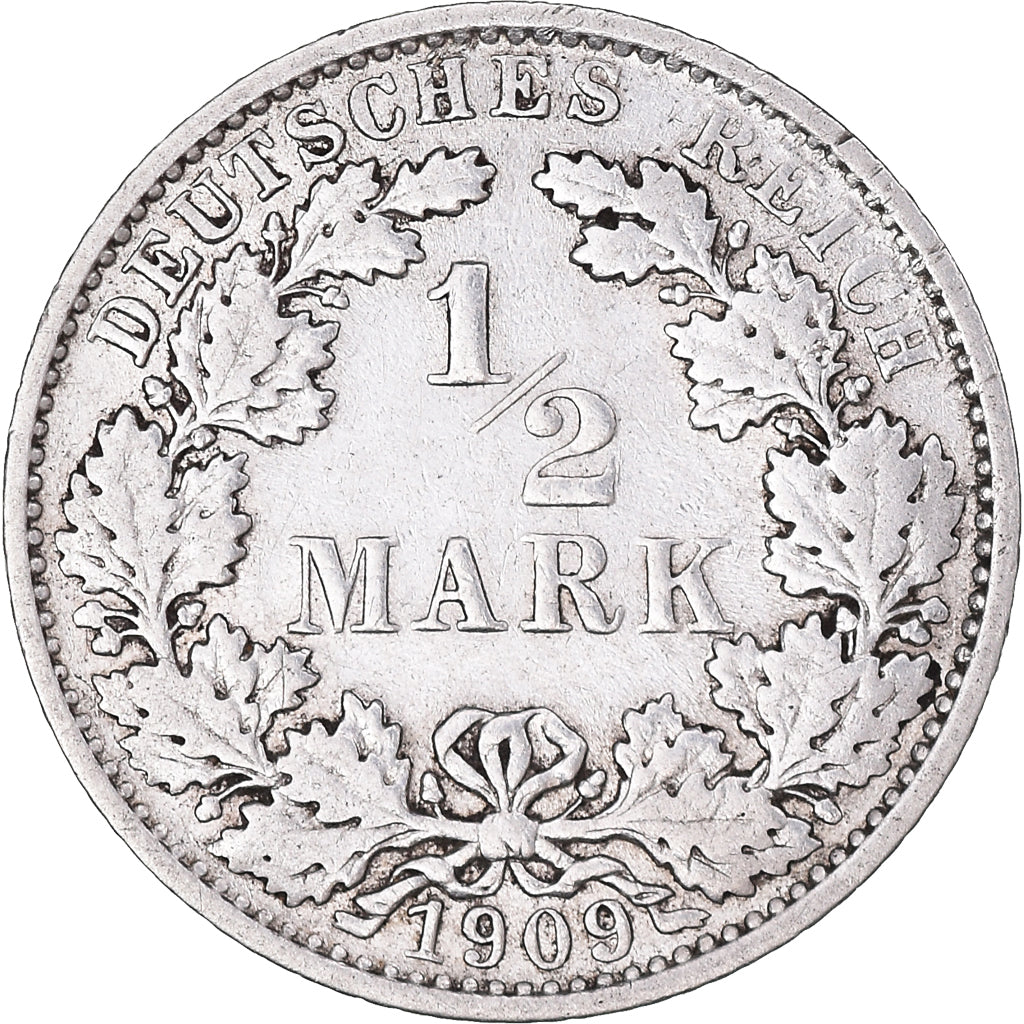 Coin, GERMANY - EMPIRE, 1/2 Mark, 1909, Muldenhütten, EF(40-45), Silver, KM:17