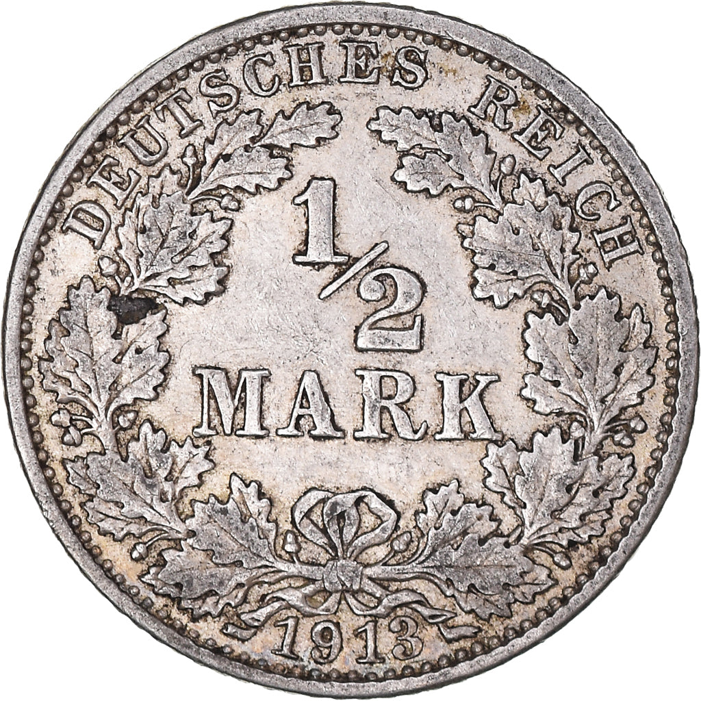 Coin, GERMANY - EMPIRE, 1/2 Mark, 1913, Karlsruhe, EF(40-45), Silver, KM:17