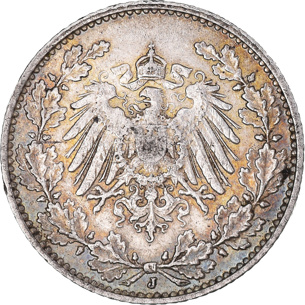 Coin, GERMANY - EMPIRE, 1/2 Mark, 1913, Hambourg, EF(40-45), Silver, KM:17