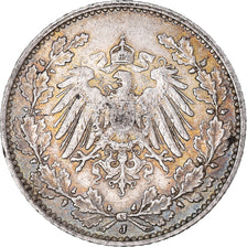 Coin, GERMANY - EMPIRE, 1/2 Mark, 1913, Hambourg, EF(40-45), Silver, KM:17