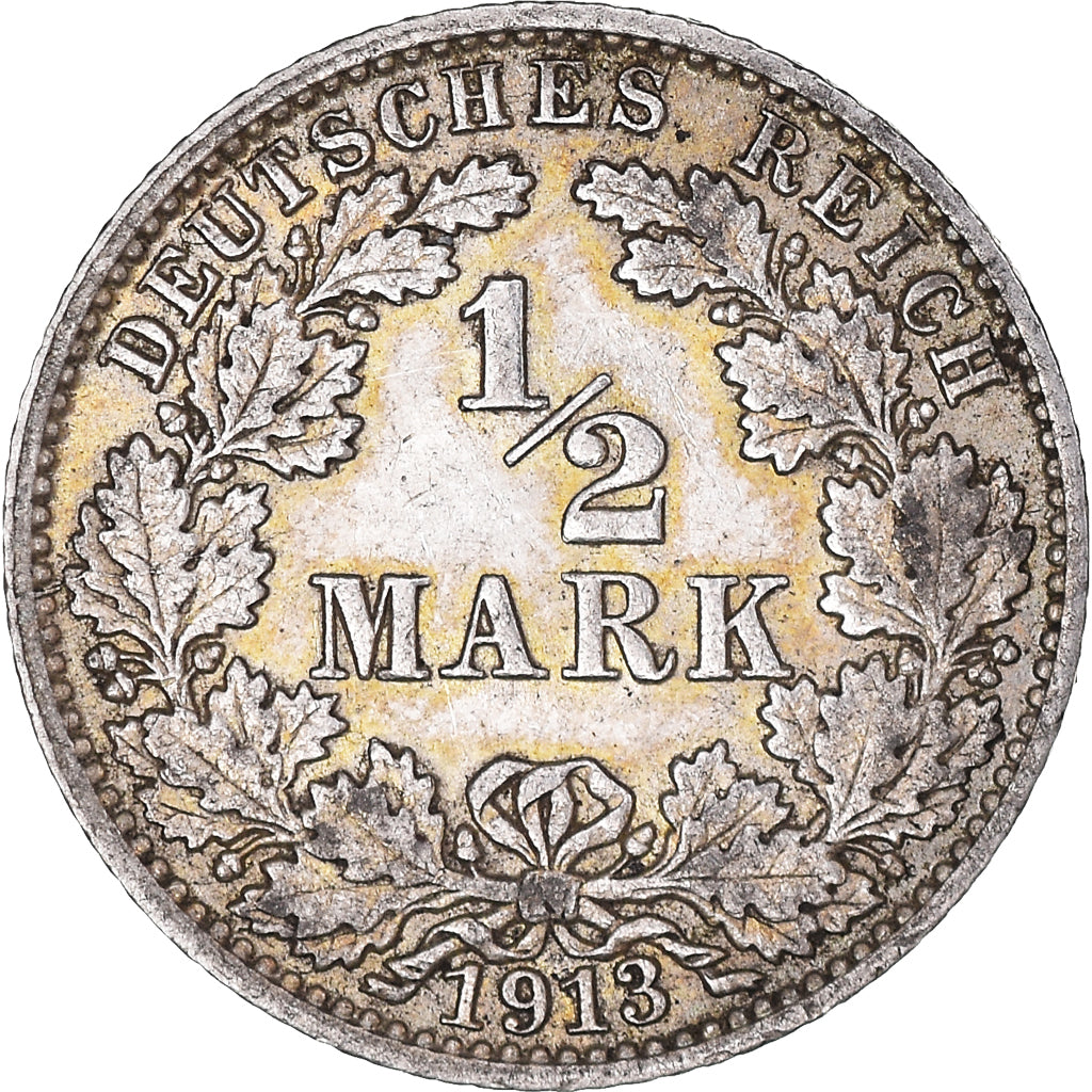 Coin, GERMANY - EMPIRE, 1/2 Mark, 1913, Hambourg, EF(40-45), Silver, KM:17