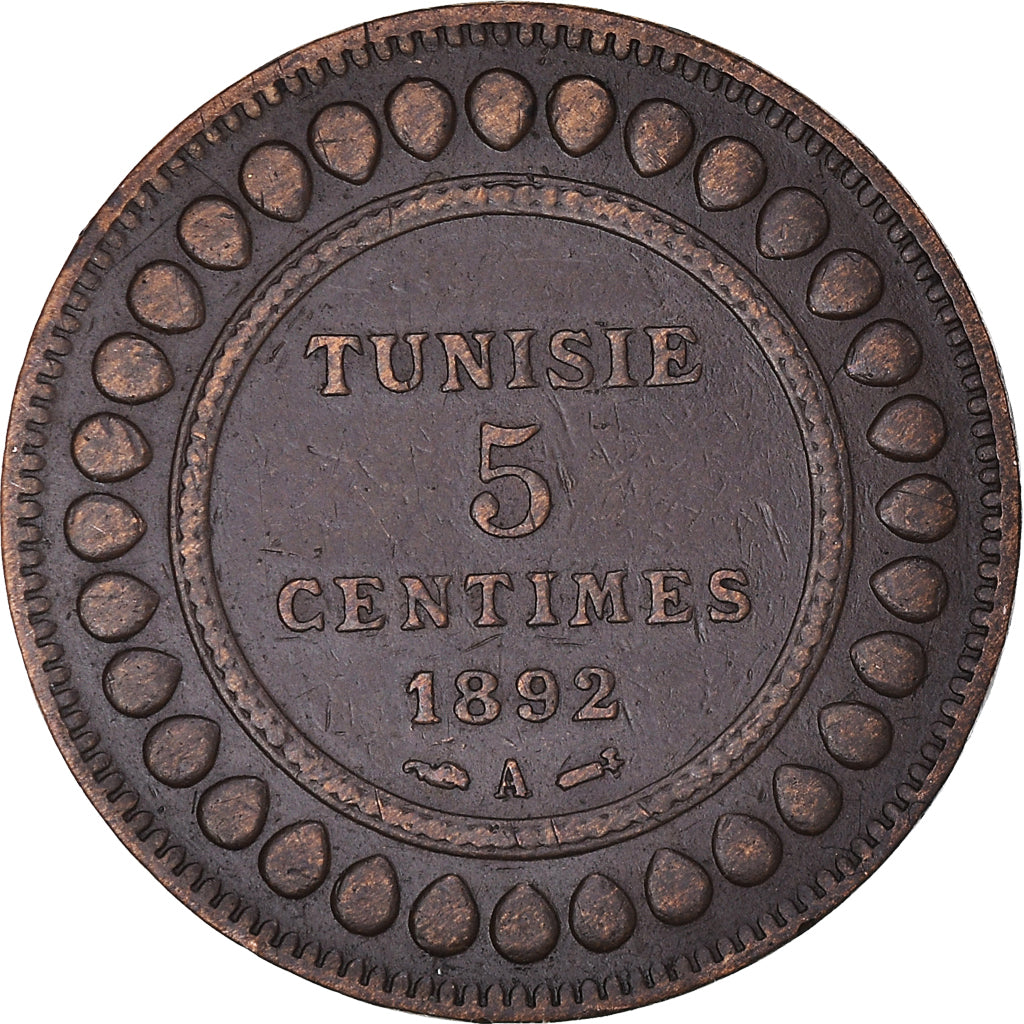 Coin, Tunisia, Ali Bey, 5 Centimes, 1892, Paris, EF(40-45), Bronze, KM:221