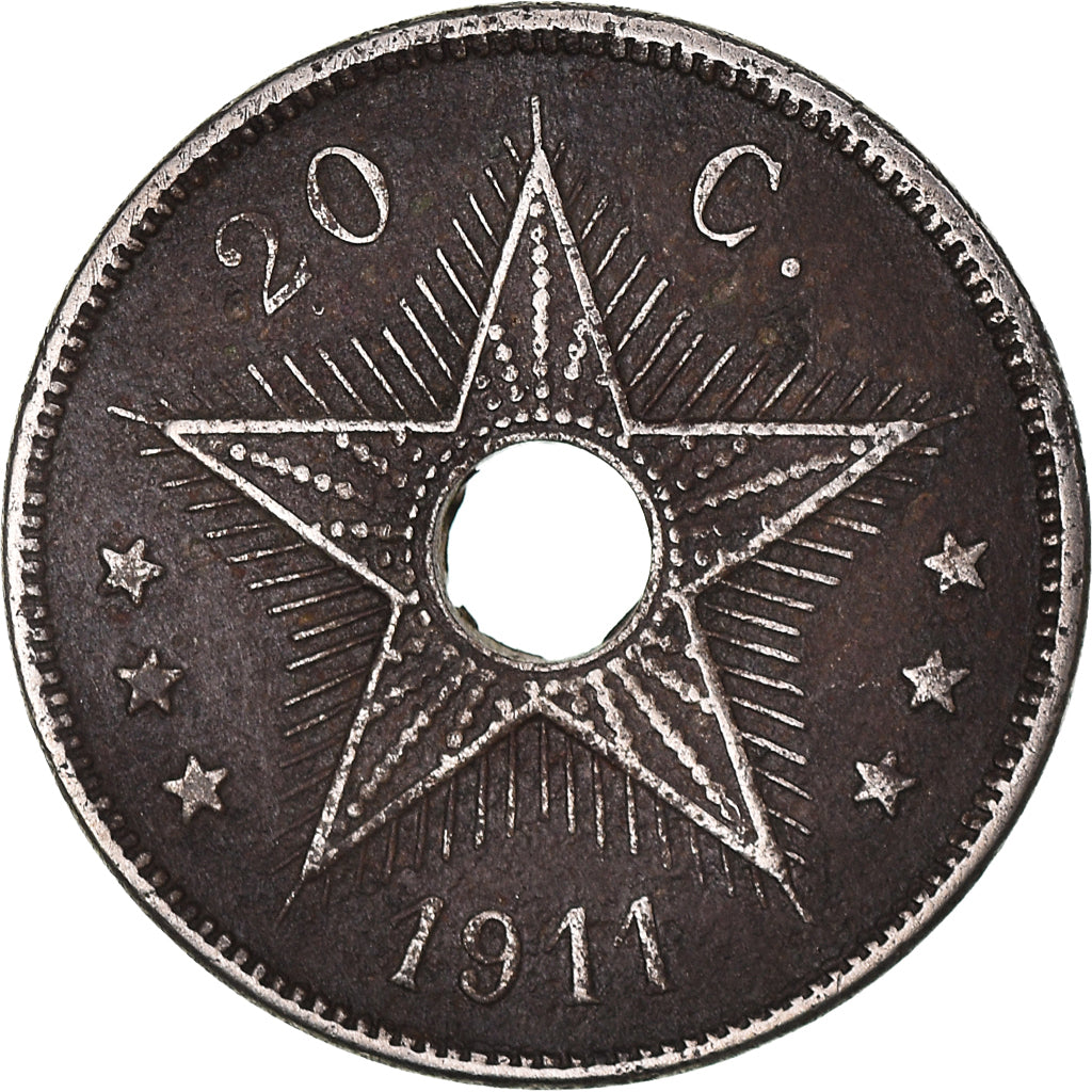 Coin, Belgian Congo, Albert I, 20 Centimes, 1911, VF(30-35), Copper-nickel