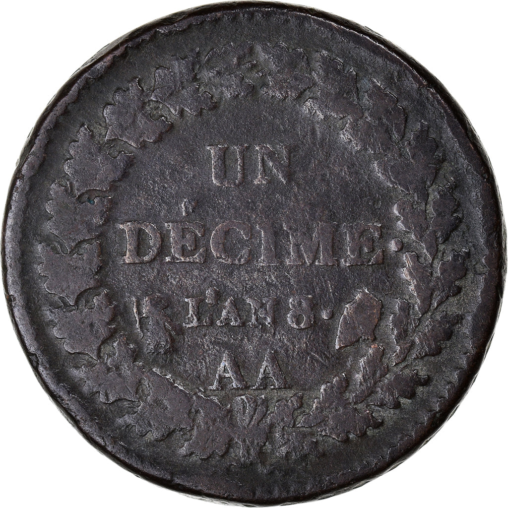 Moneda, Francia, Dupré, Decime, AN 8 (1799-1800), Metz, BC+, Bronce, KM:644.2