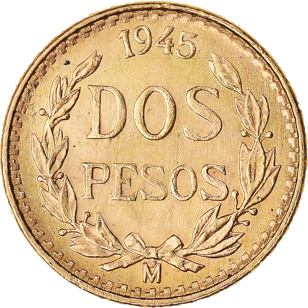 Coin, Mexico, 2 Pesos, 1945, Mexico City, AU(55-58), Gold, KM:461