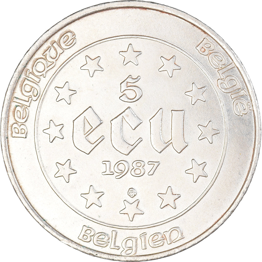Coin, Belgium, Baudouin I, Charles Quint, 5 Ecu, 1987, AU(55-58), Silver, KM:166