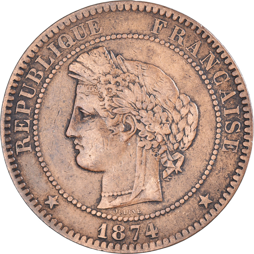 Moeda, França, Cérès, 10 Centimes, 1874, Bordeaux, VF(30-35), Bronze
