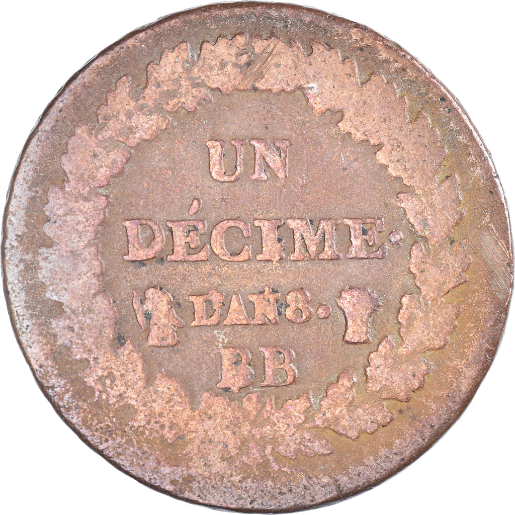 Münze, Frankreich, Dupré, Decime, AN 8, Strasbourg, S, Bronze, KM:644.4