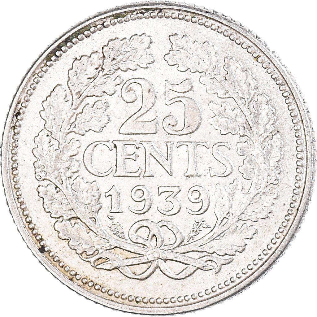 Coin, Netherlands, Wilhelmina I, 25 Cents, 1939, AU(50-53), Silver, KM:164
