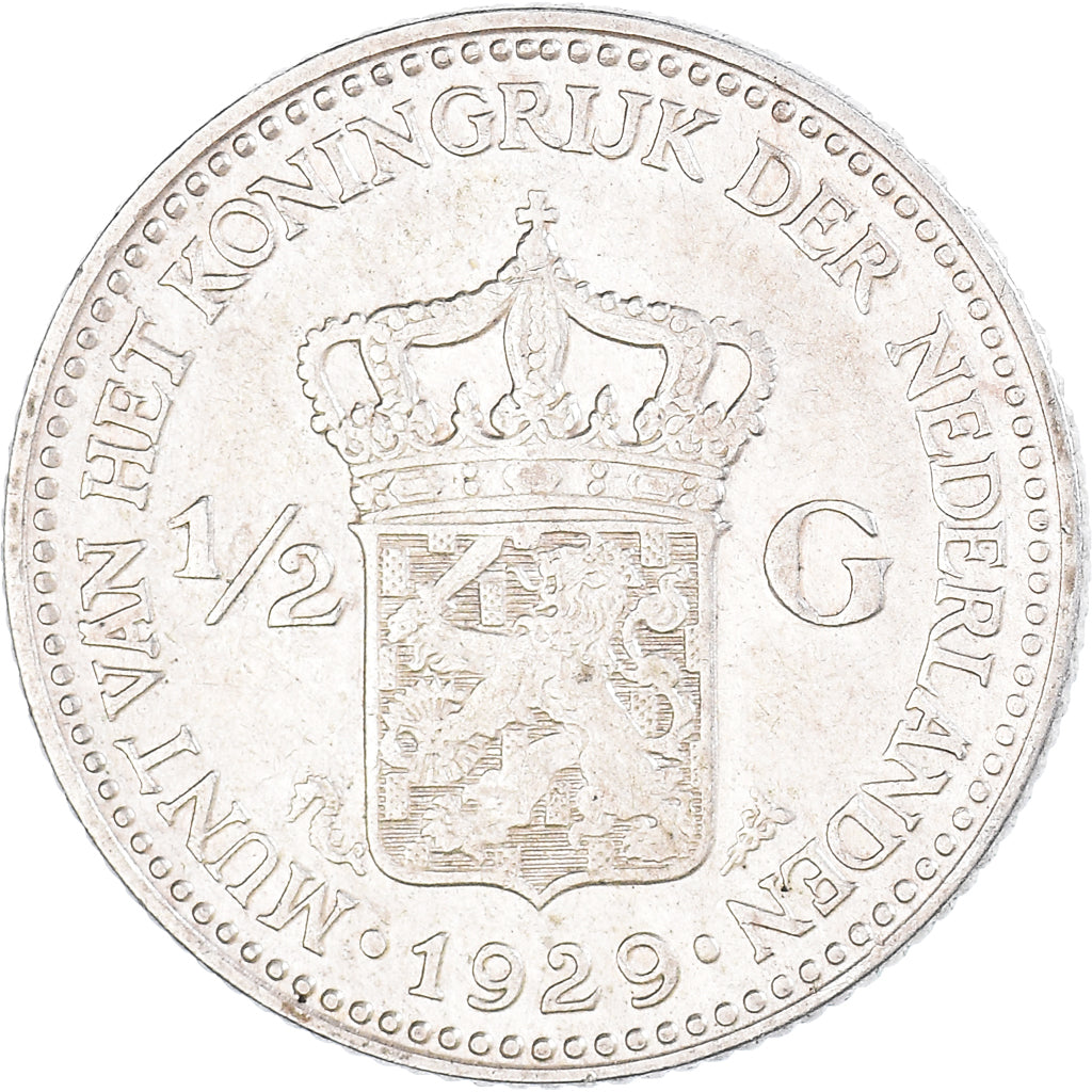 Coin, Netherlands, Wilhelmina I, 1/2 Gulden, 1929, AU(50-53), Silver, KM:160