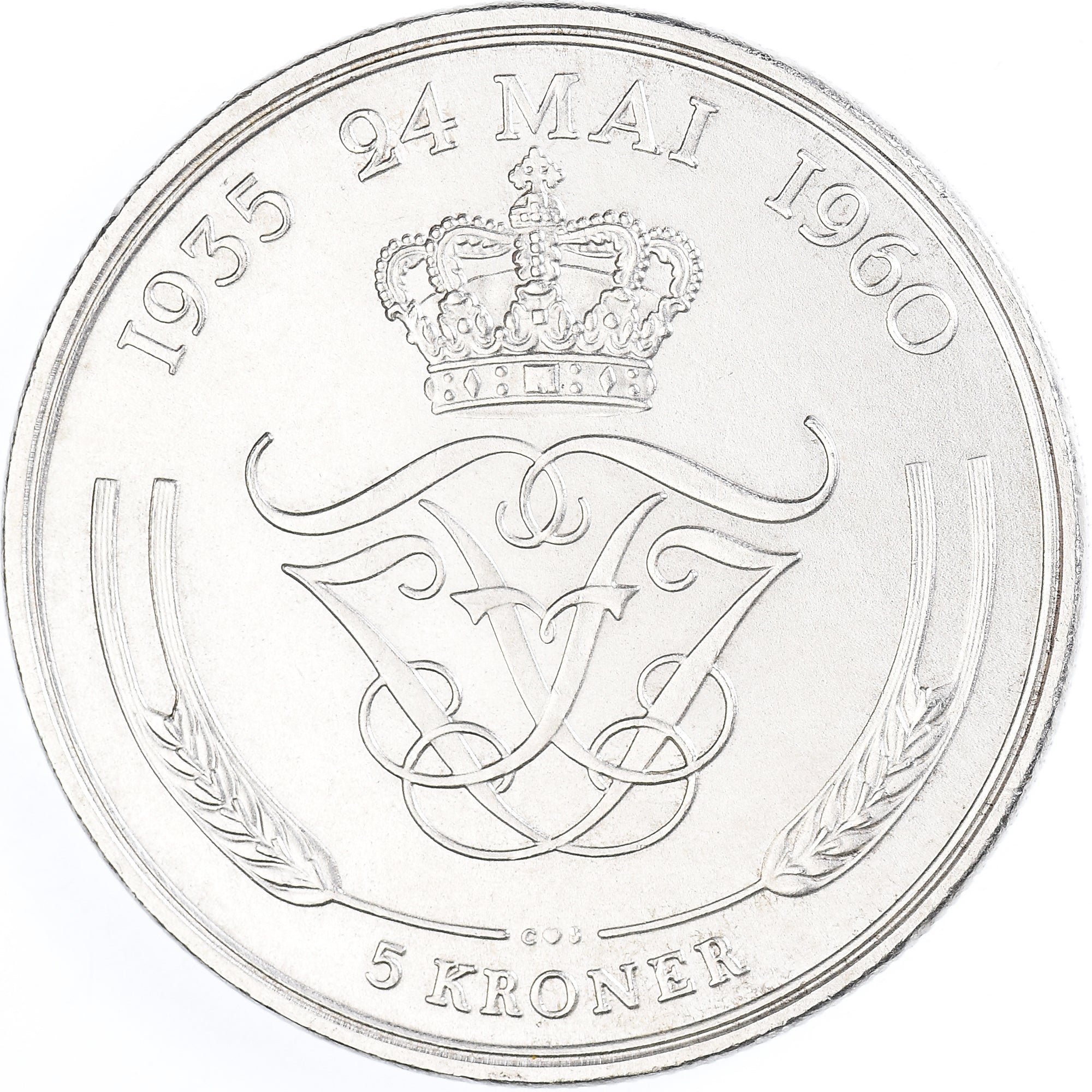 Moneda, Dinamarca, Frederik IX, 5 Kroner, 1960, Copenhagen, EBC, Plata, KM:852