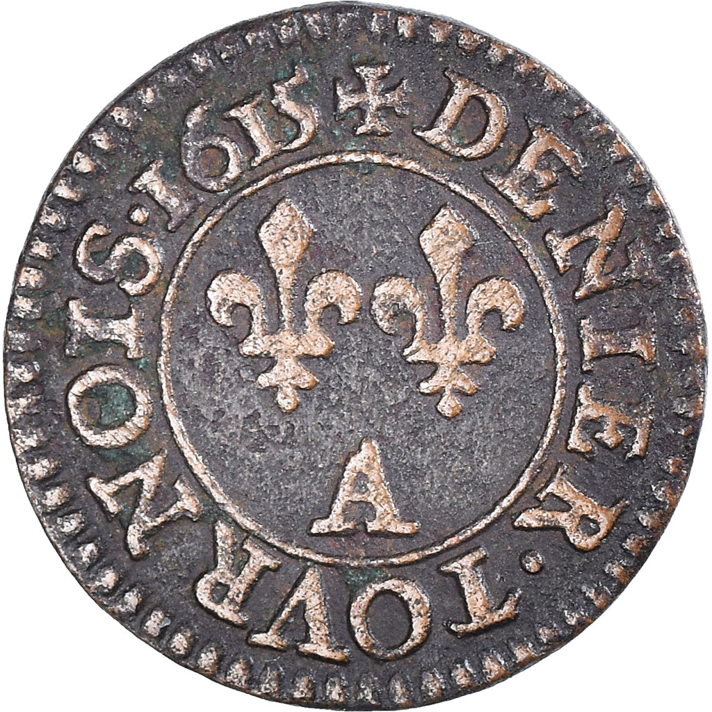 Moneta, Francja, Louis XIII, Denier Tournois, 1615, Paris, VF(30-35), Miedź