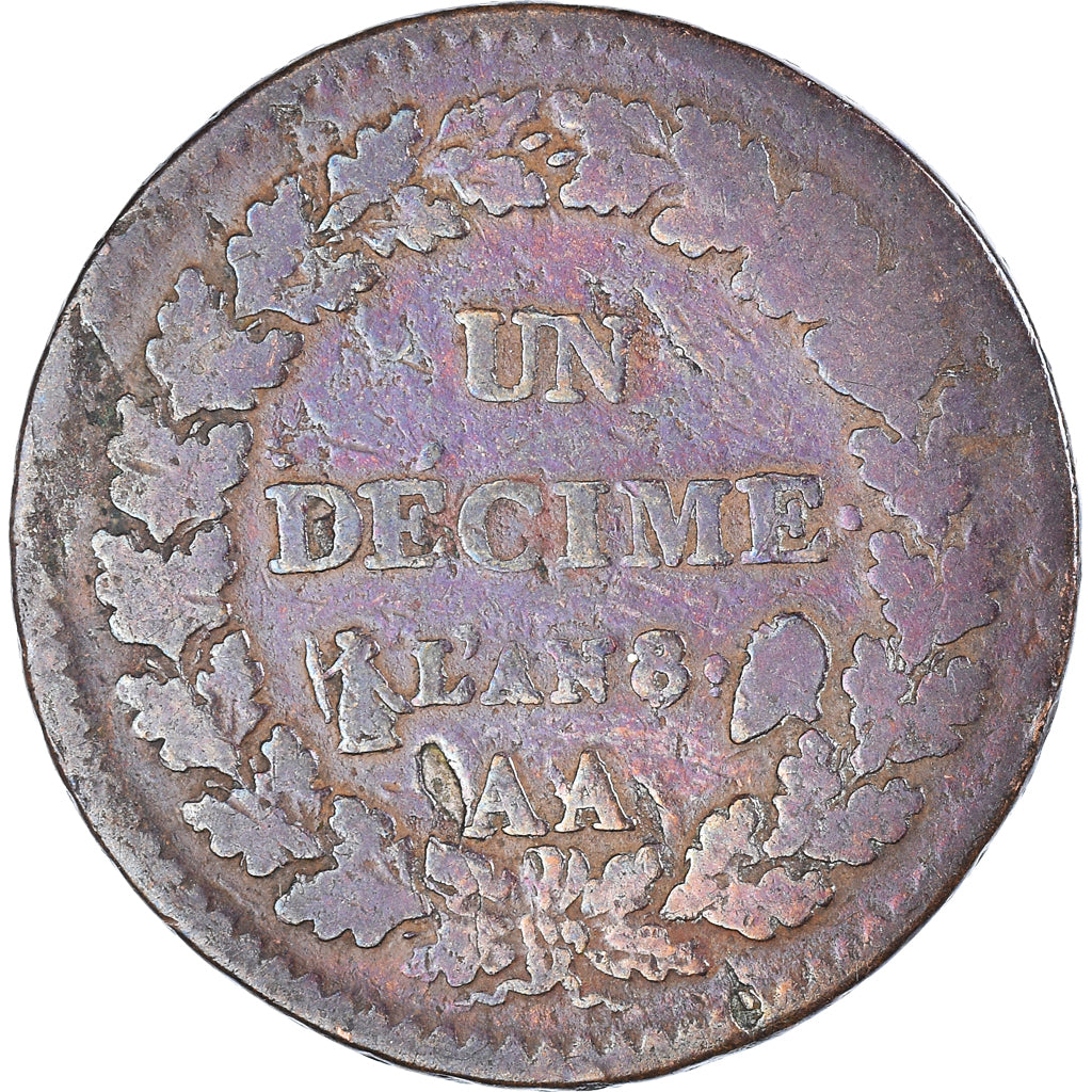Moeda, França, Dupré, Decime, AN 8 (1799-1800), Metz, F(12-15), Bronze