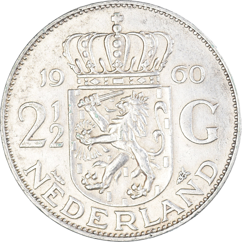 Coin, Netherlands, Juliana, 2-1/2 Gulden, 1960, AU(50-53), Silver, KM:185