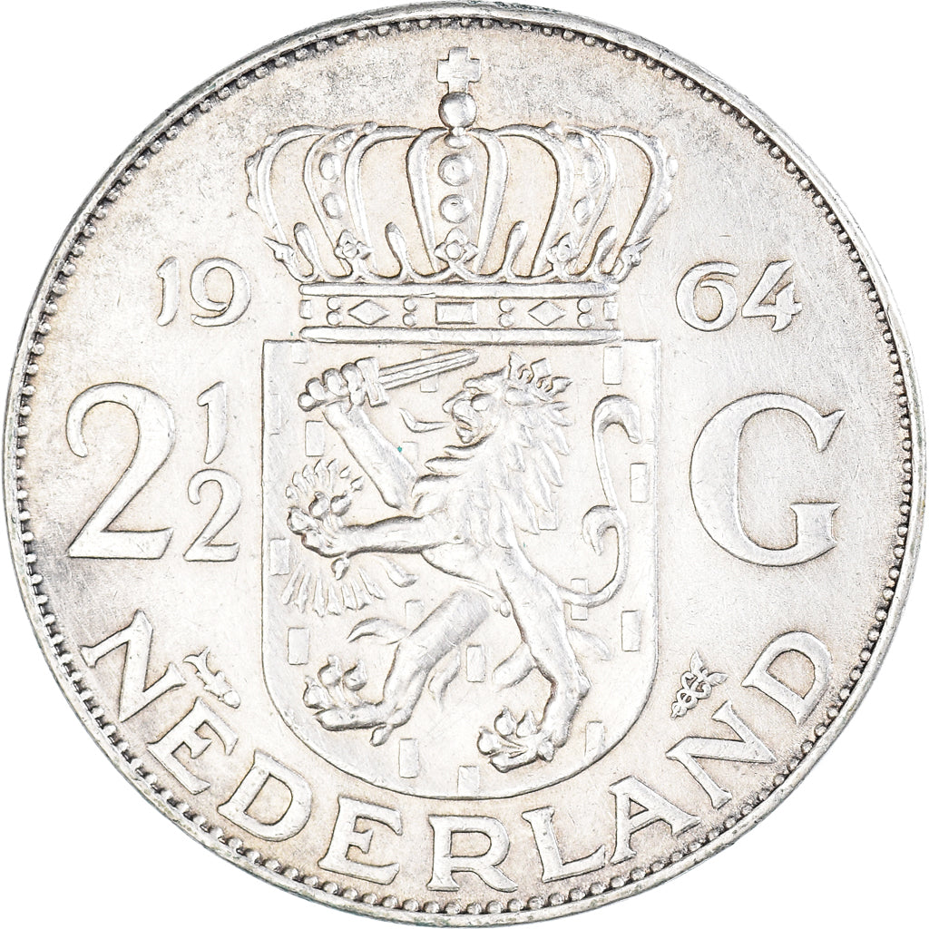 Coin, Netherlands, Juliana, 2-1/2 Gulden, 1964, AU(50-53), Silver, KM:185