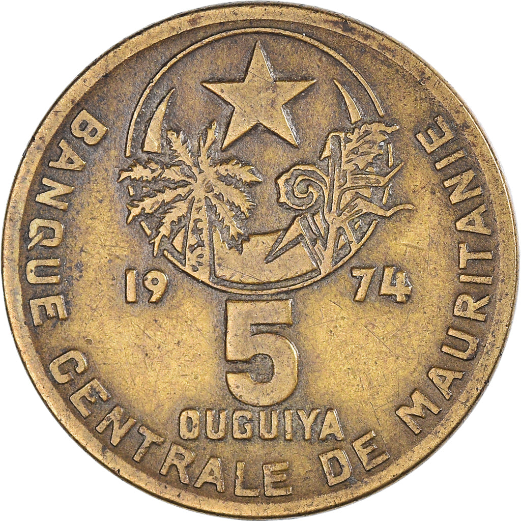 Munten, Mauritanië, 5 Ouguiya, 1974/AH1394, ZF, Aluminum-Bronze, KM:3
