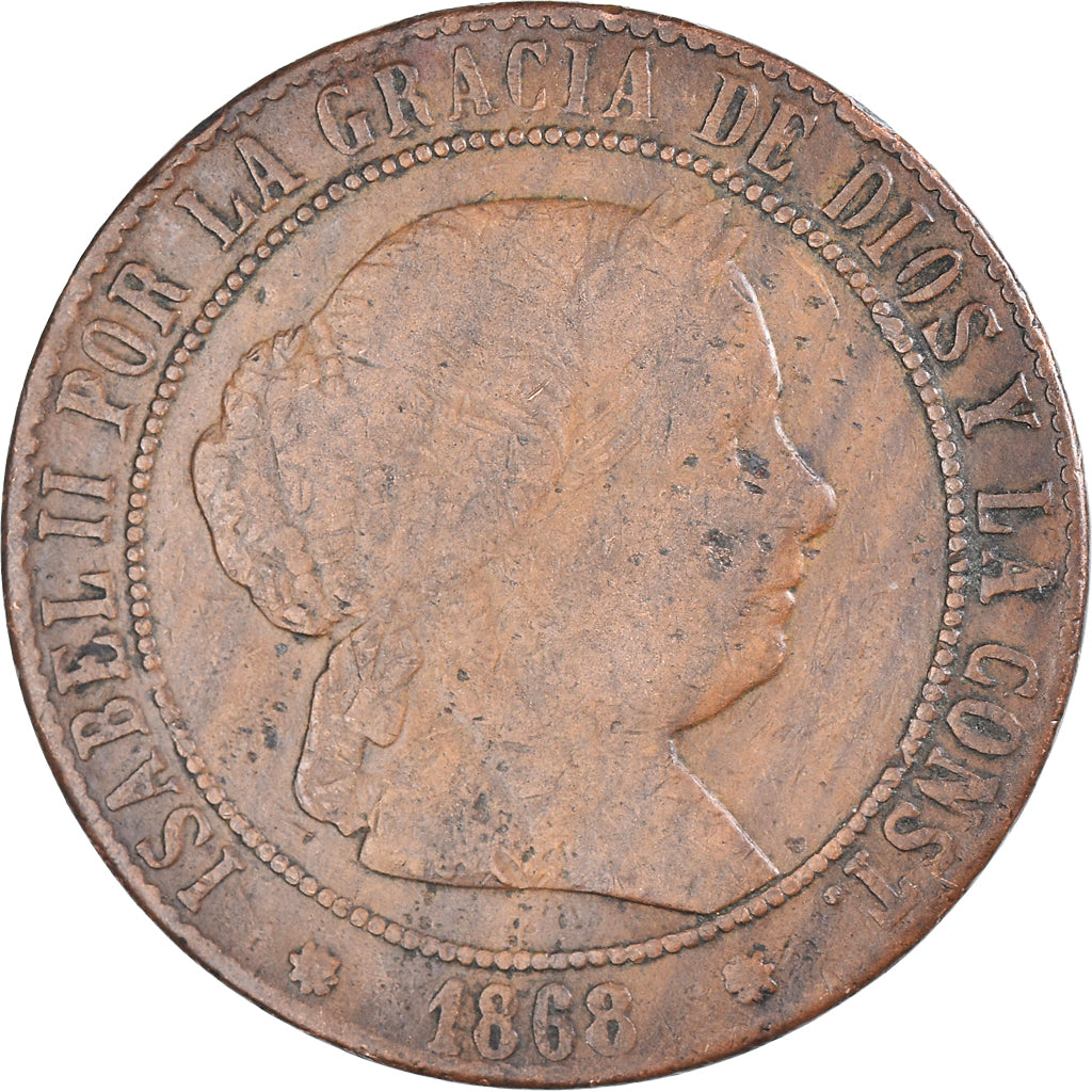 Moneta, Spagna, Isabel II, 5 Centimos, 1868, Madrid, MB+, Rame, KM:635.1