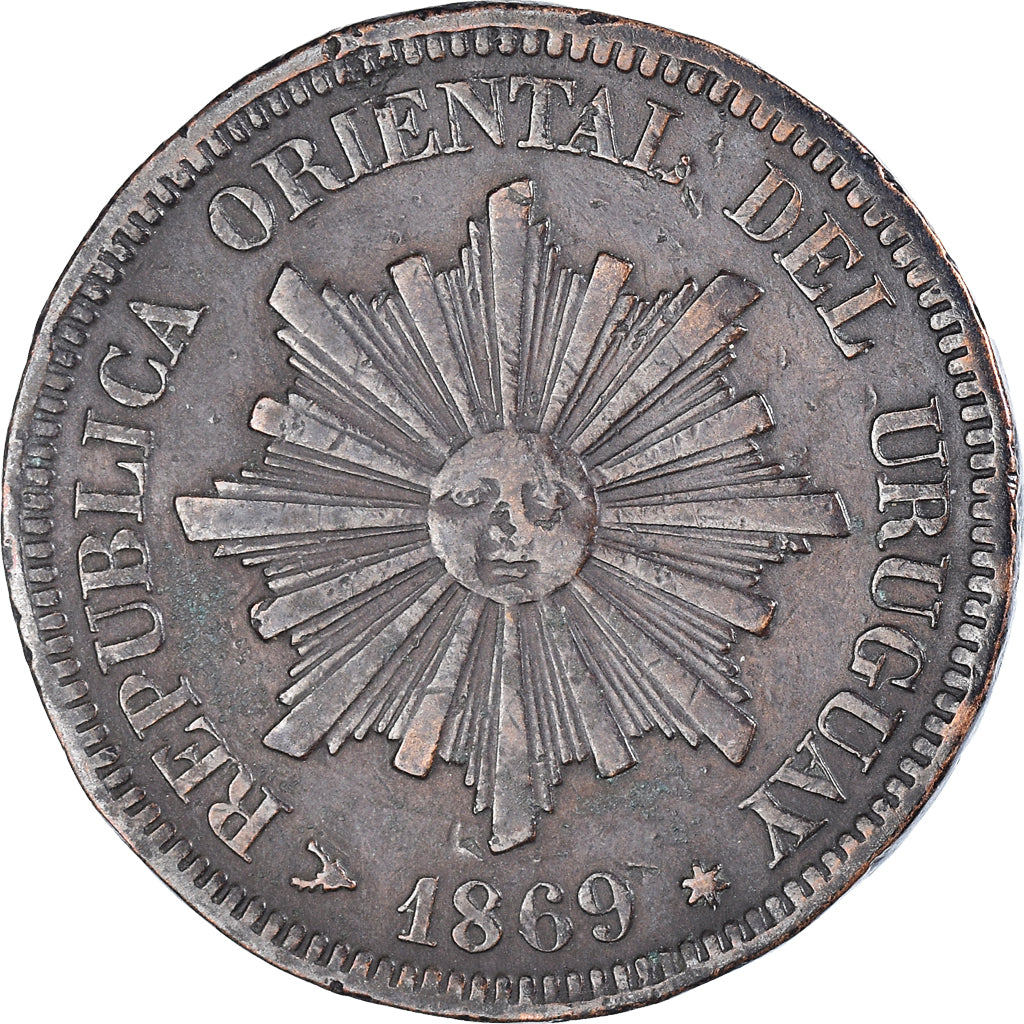 Coin, Uruguay, 2 Centesimos, 1869, Uruguay Mint, Birmingham, VF(30-35), Bronze