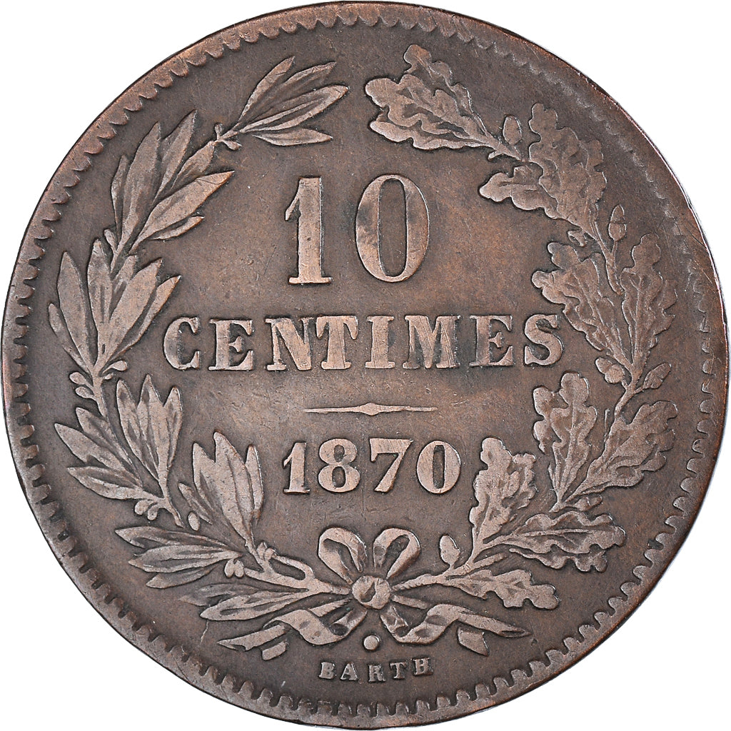 Coin, Luxembourg, William III, 10 Centimes, 1870, Utrecht, VF(30-35), Bronze
