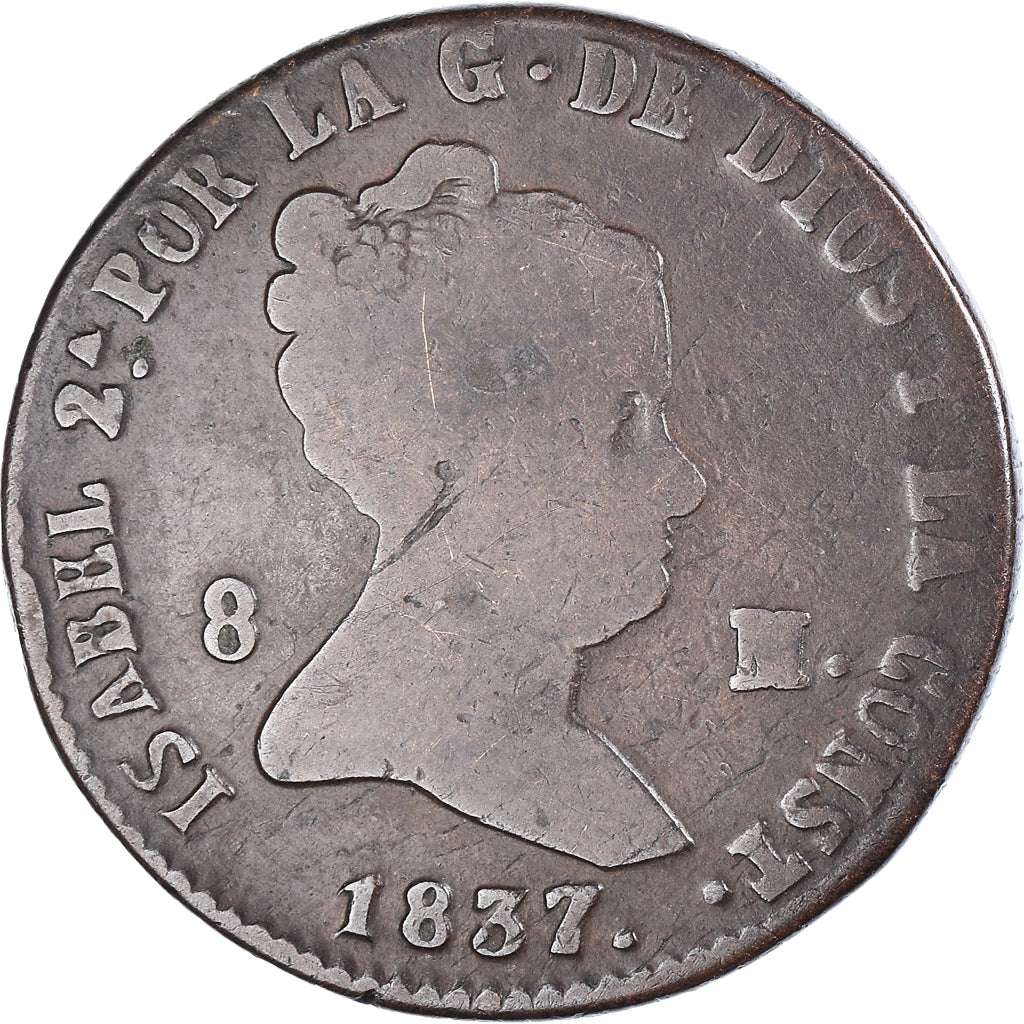 Coin, Spain, Isabel II, 8 Maravedis, 1837, Segovia, VF(20-25), Copper, KM:531.3