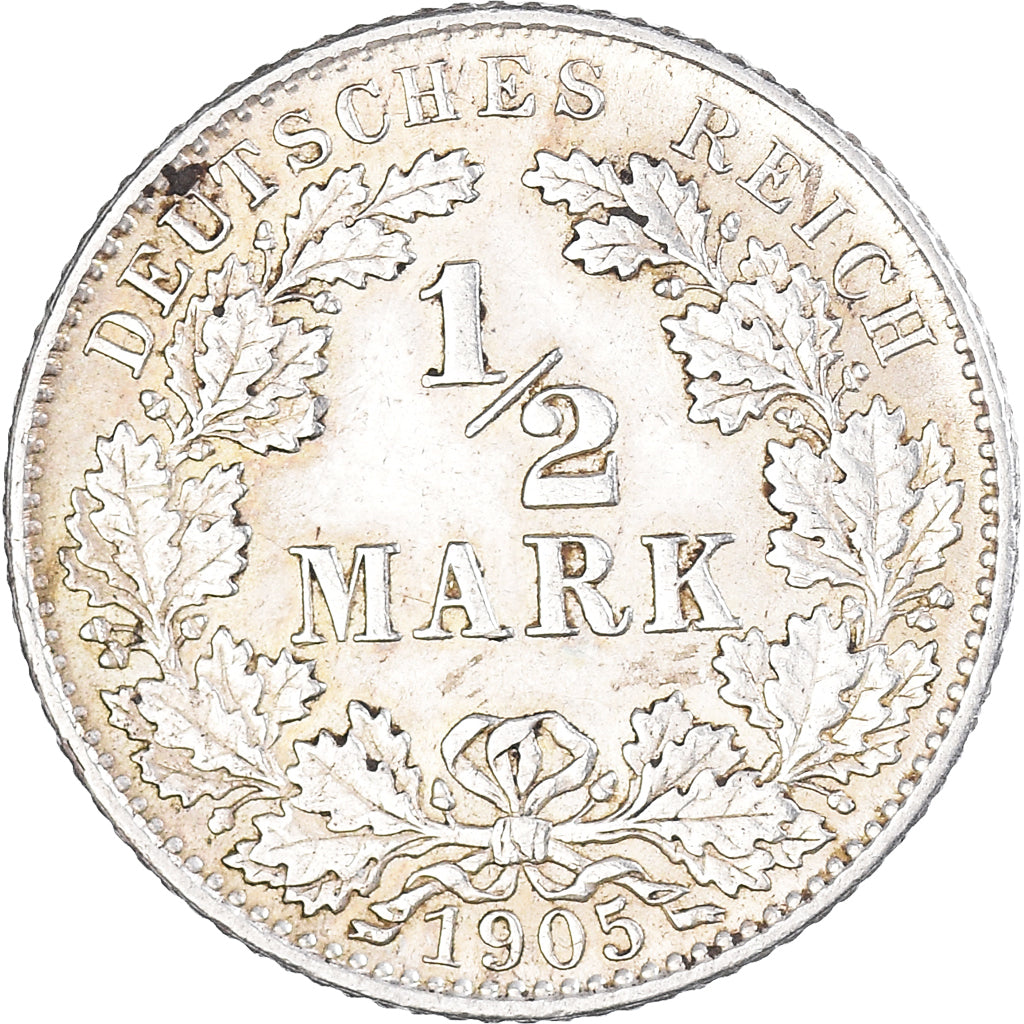 Coin, GERMANY - EMPIRE, 1/2 Mark, 1905, Hambourg, AU(50-53), Silver, KM:17