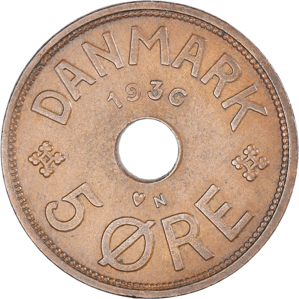 Coin, Denmark, Christian X, 5 Öre, 1936, Copenhagen, EF(40-45), Bronze