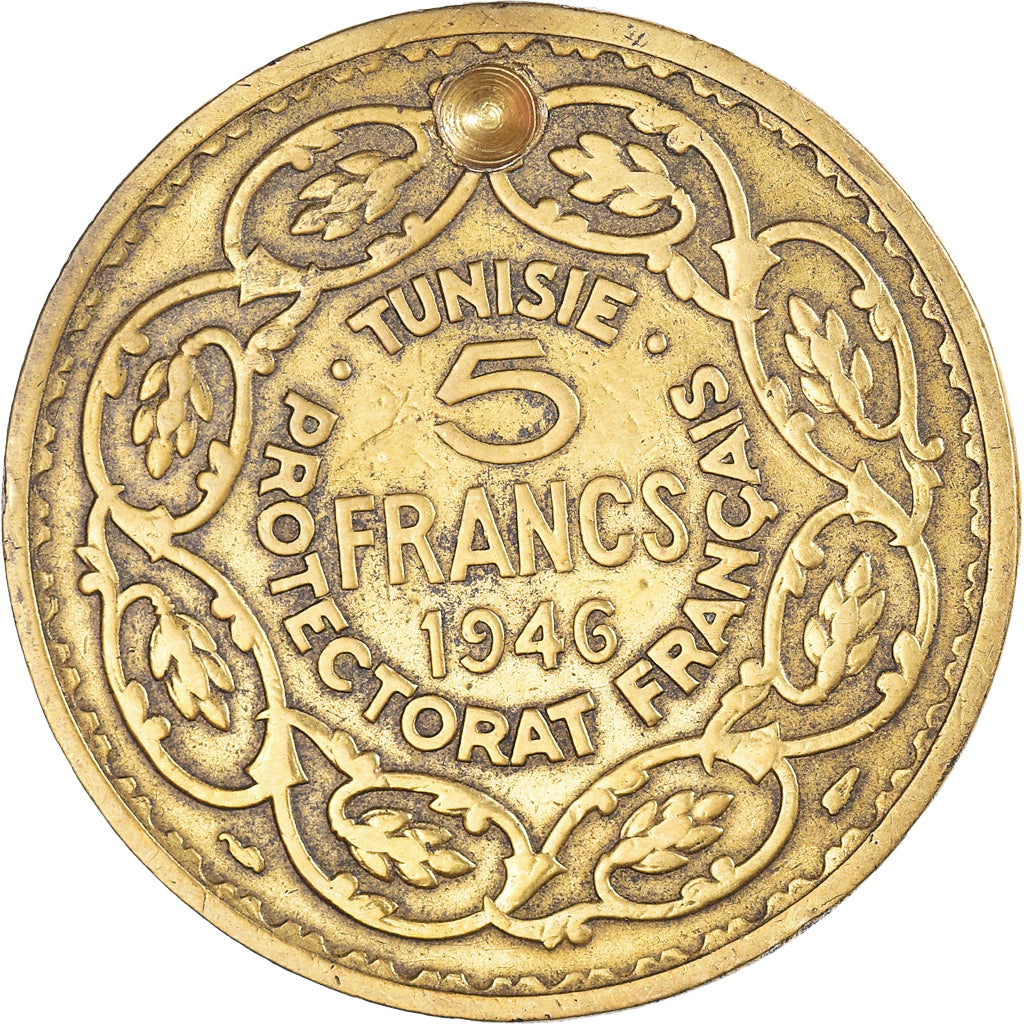 Coin, Tunisia, Muhammad al-Amin Bey, 5 Francs, AH 1365/1946, Paris, VF(30-35)