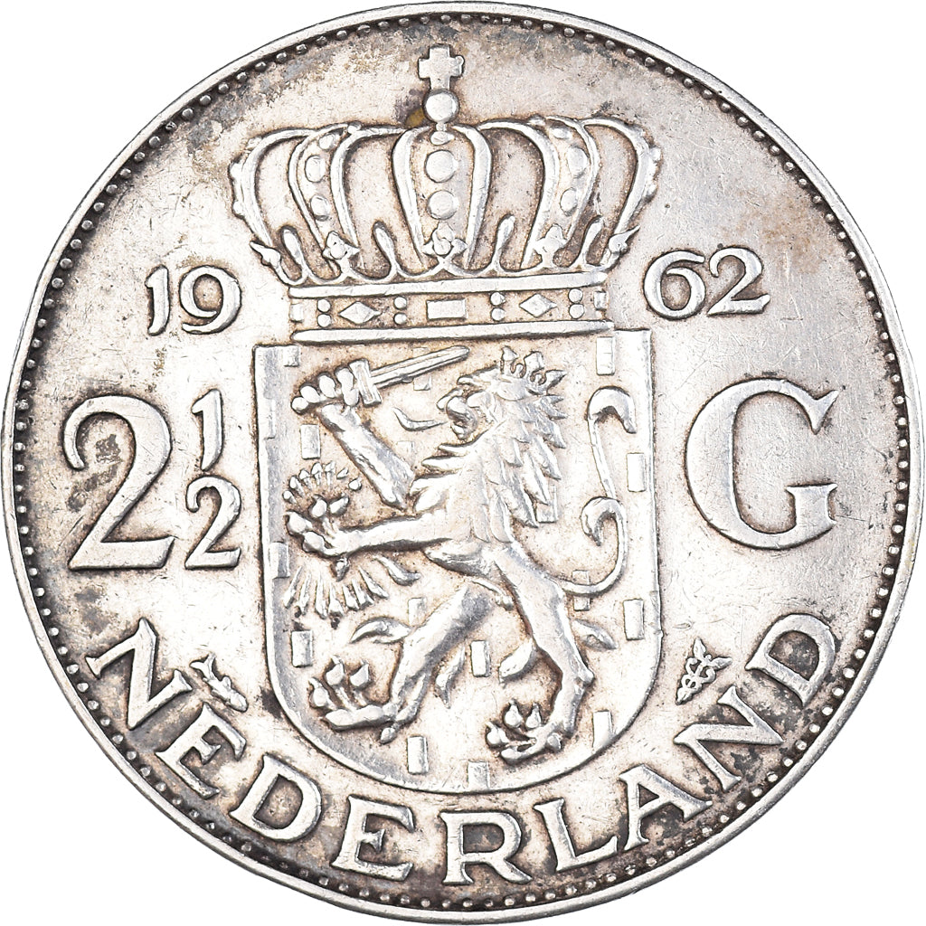 Coin, Netherlands, Juliana, 2-1/2 Gulden, 1962, AU(50-53), Silver, KM:185