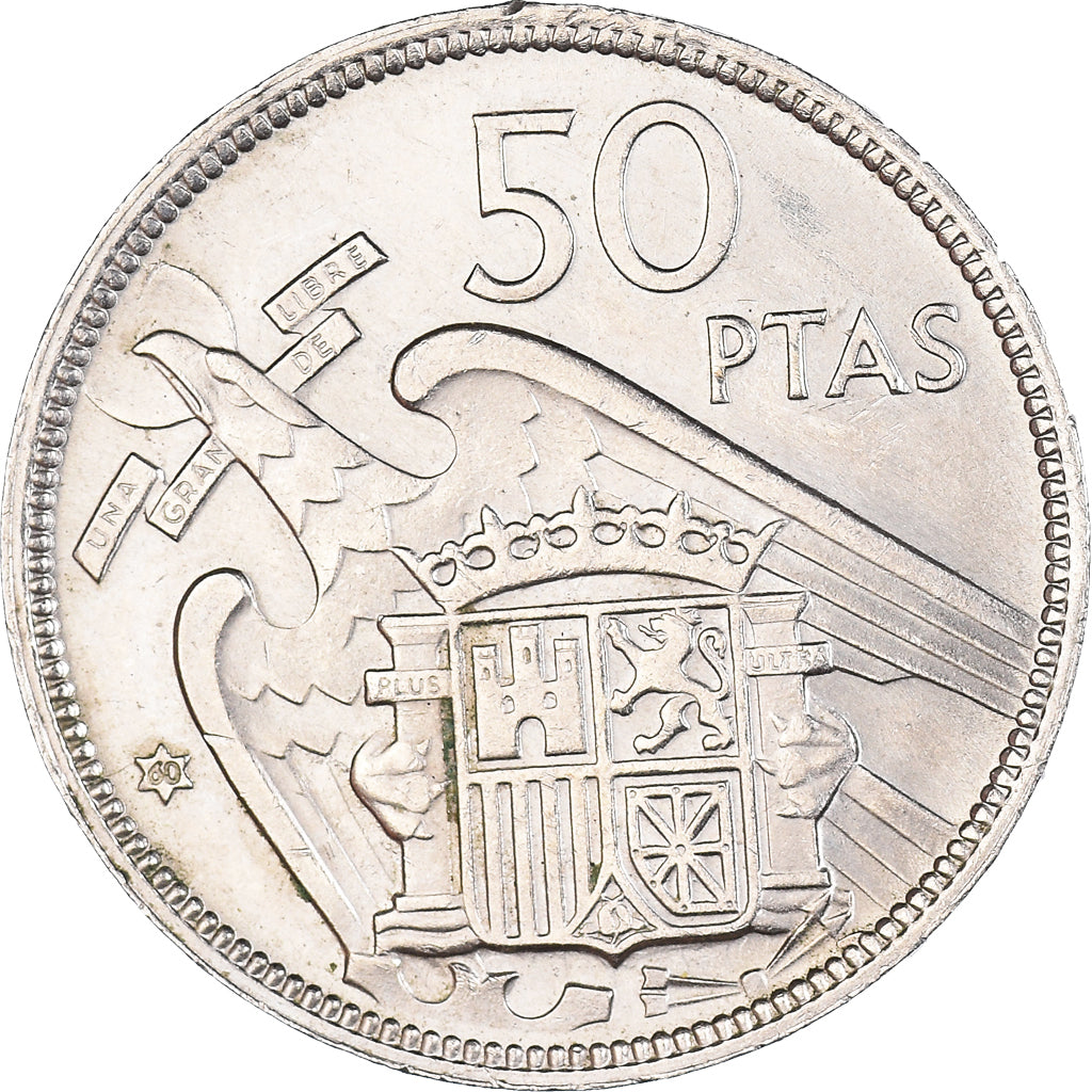 Coin, Spain, Caudillo and regent, 50 Pesetas, 1960, AU(50-53), Copper-nickel