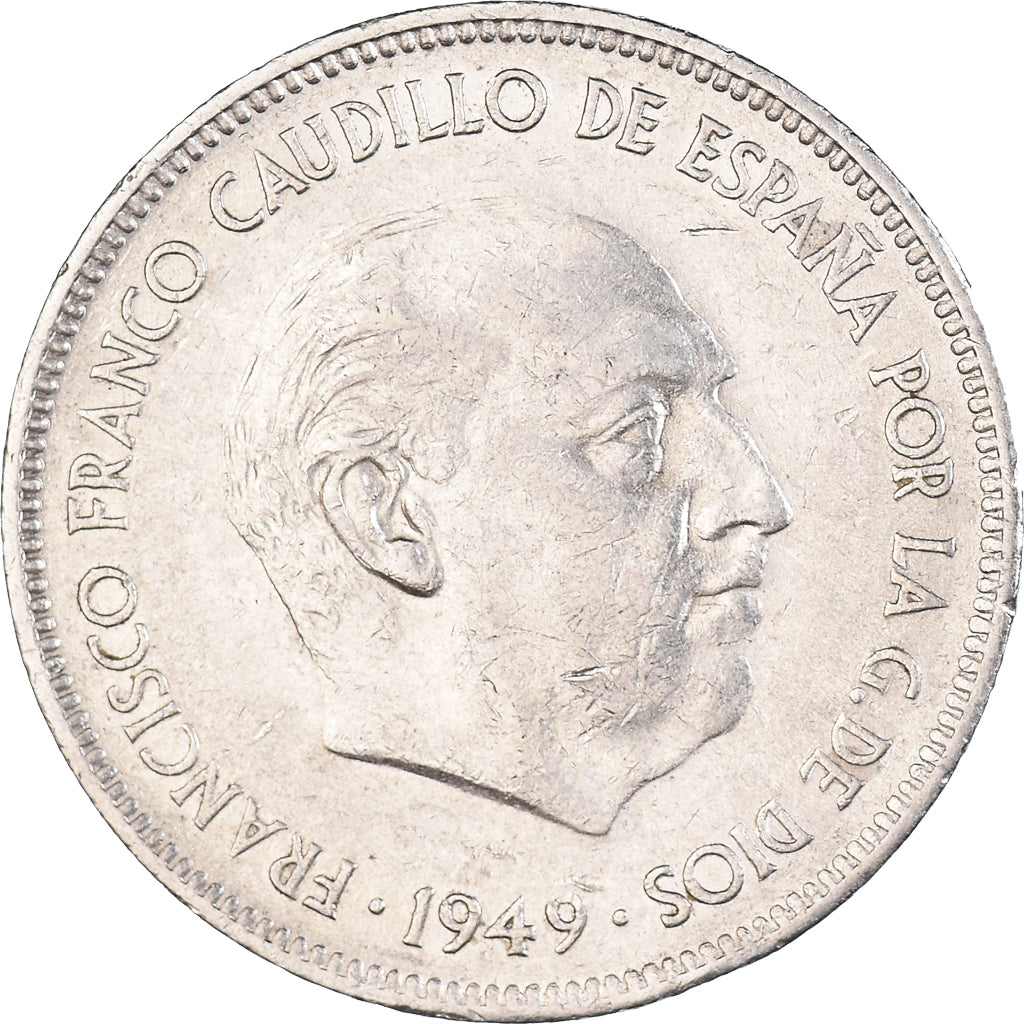 Moeda, Espanha, Caudillo and regent, 5 Pesetas, 1950, AU(50-53), Níquel, KM:778