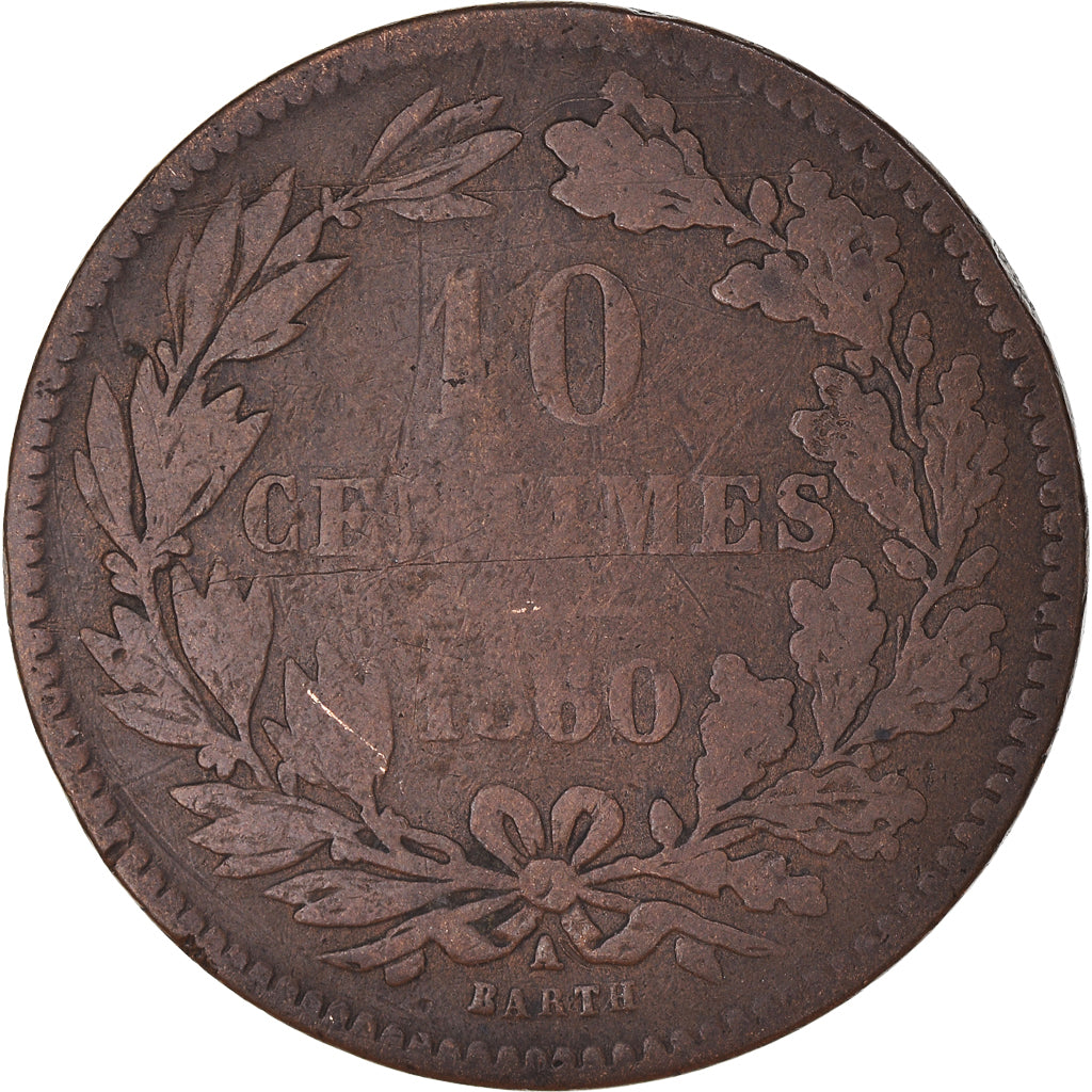 Coin, Luxembourg, William III, 10 Centimes, 1860, Paris, VF(20-25), Bronze