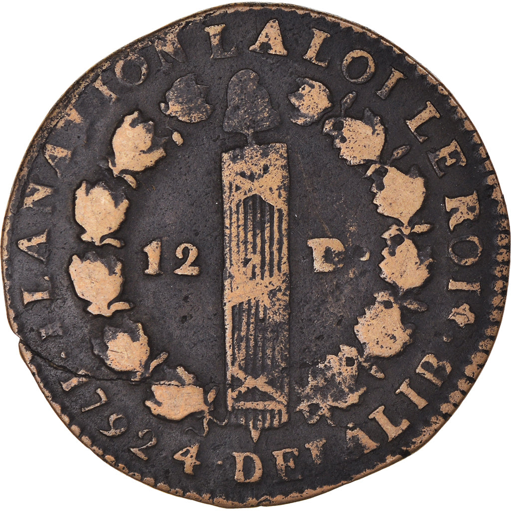 Coin, France, Louis XVI, 12 Deniers, 1792, Limoges, VF(30-35), Métal de cloche
