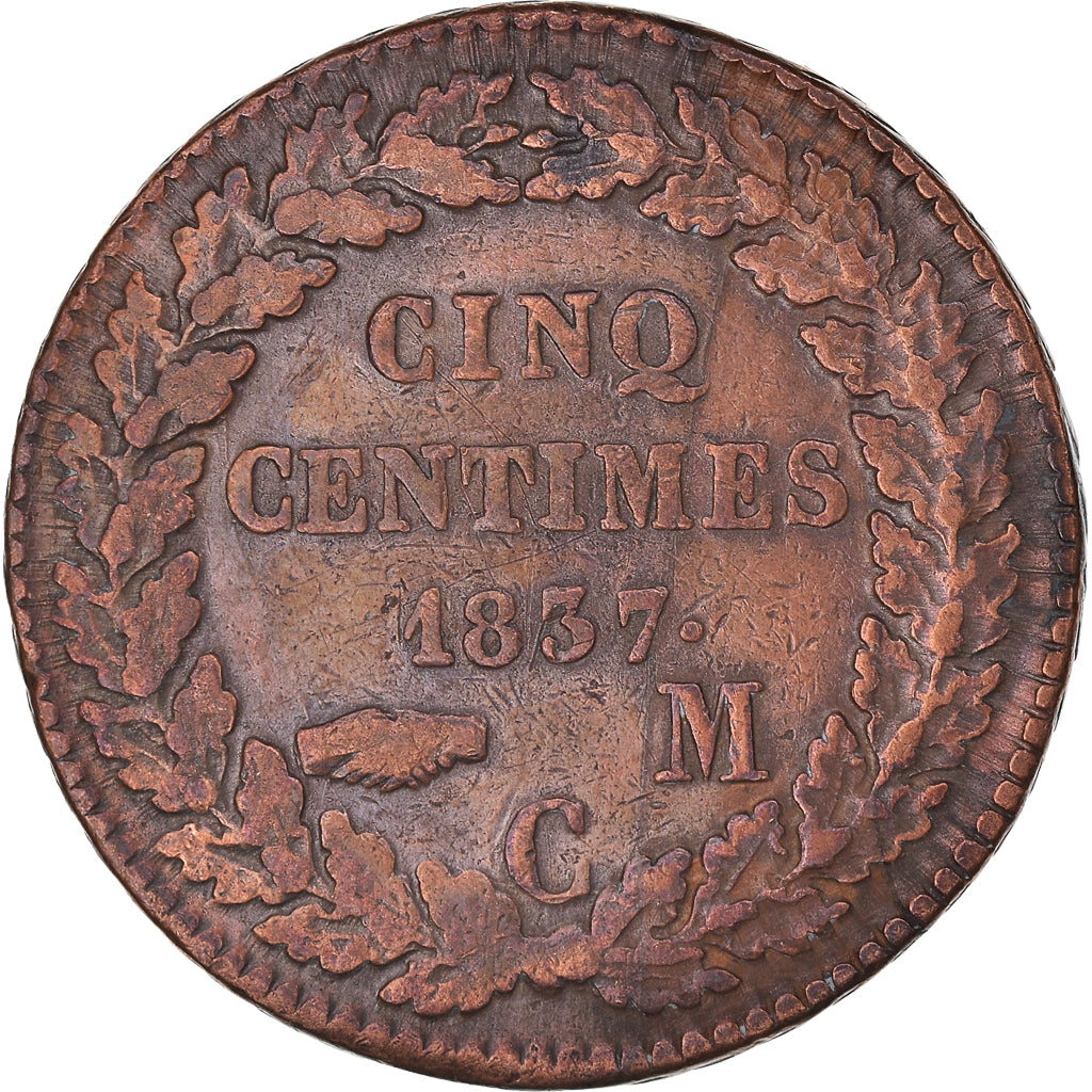 Moneta, Monaco, Honore V, 5 Centimes, Cinq, 1837, Monaco, MB+, Rame, KM:95.1a