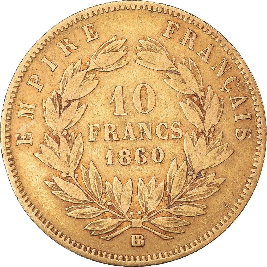 Moneta, Francja, Napoleon III, 10 Francs, 1860, Strasbourg, VF(30-35), Złoto