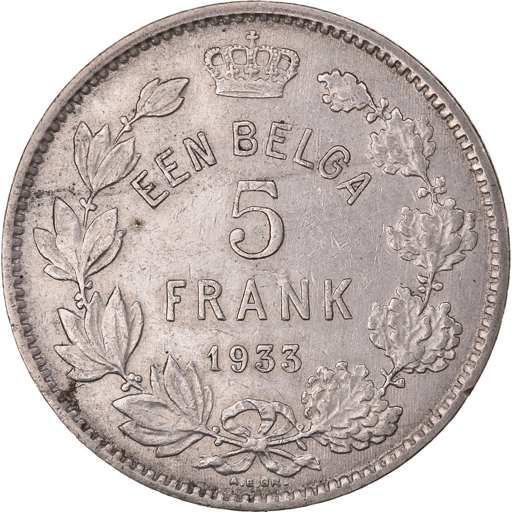Coin, Belgium, Albert I, 5 Francs, 5 Frank, 1933, position b, EF(40-45), Nickel