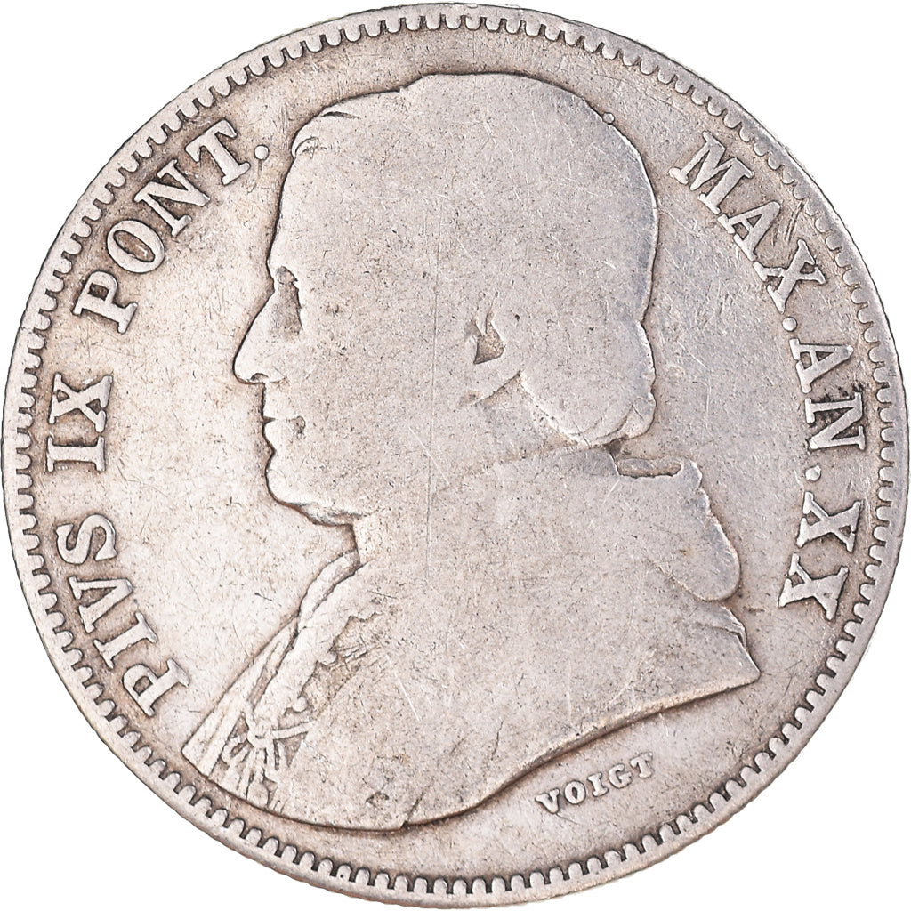 Moneda, Estados italianos, PAPAL STATES, Pius IX, 20 Baiocchi, 1865, Roma, BC+