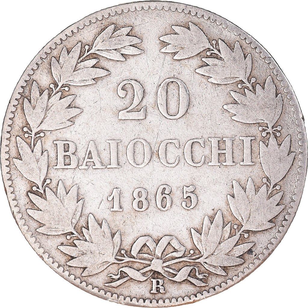 Moneda, Estados italianos, PAPAL STATES, Pius IX, 20 Baiocchi, 1865, Roma, BC+