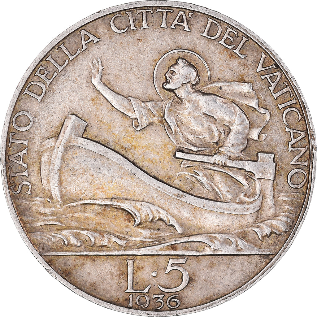 Coin, VATICAN CITY, Pius XI, 5 Lire, 1936, Roma, EF(40-45), Silver, KM:7