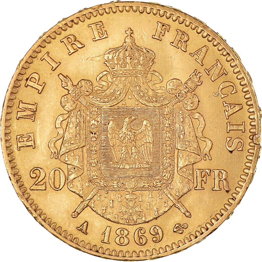 Moneta, Francia, Napoleon III, 20 Francs, 1869, Paris, SPL-, Oro, KM:801.1