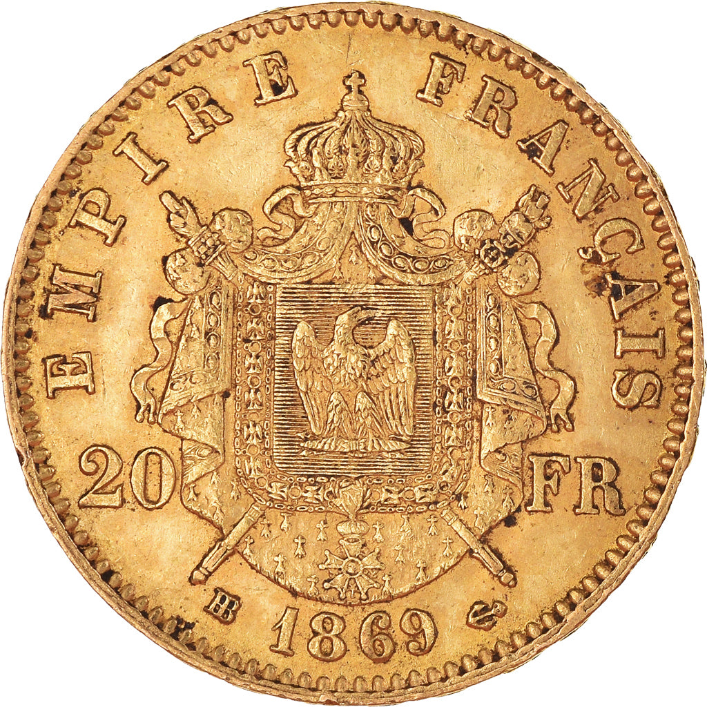 Moeda, França, Napoleon III, 20 Francs, 1869, Strasbourg, AU(50-53), Dourado