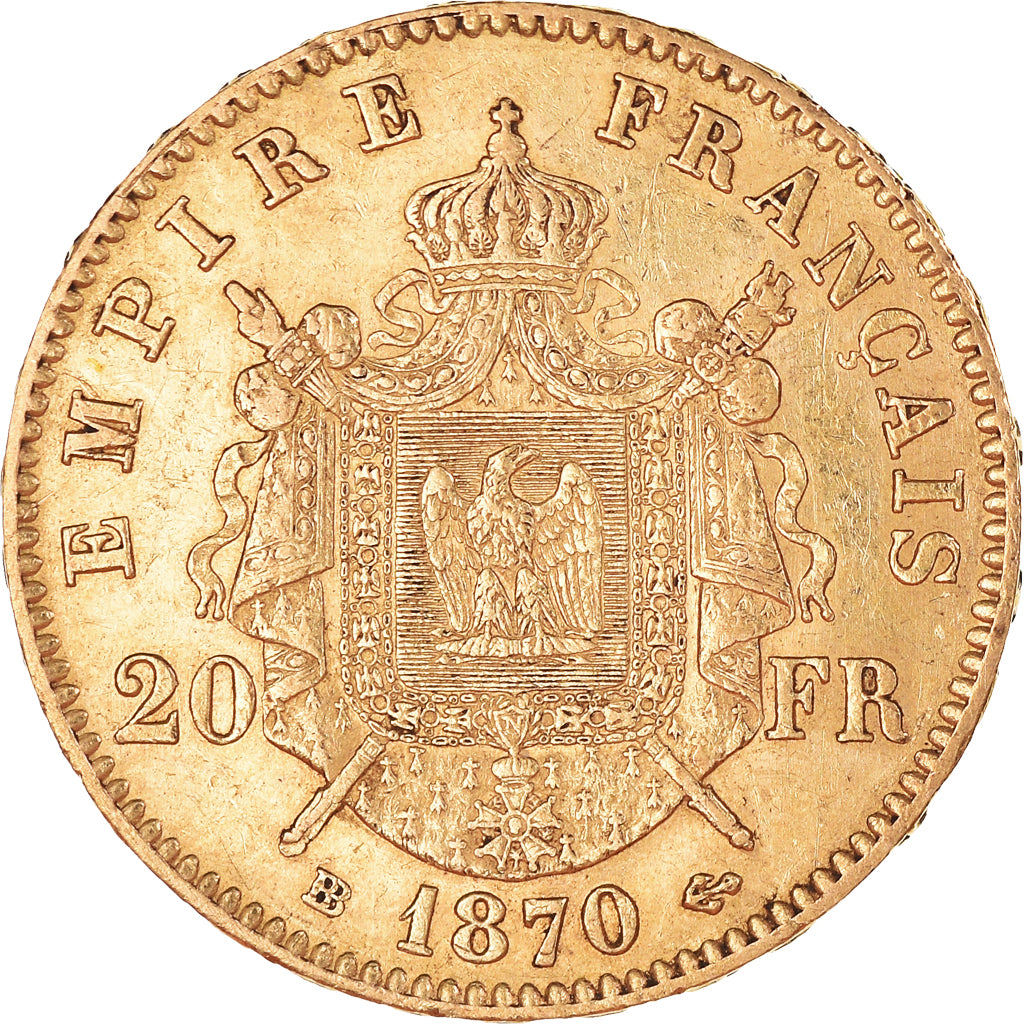 Moeda, França, Napoleon III, 20 Francs, 1870, Strasbourg, AU(50-53), Dourado