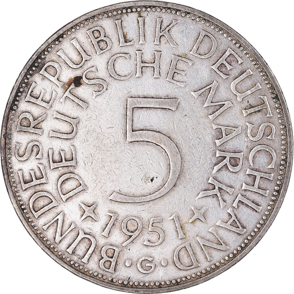 Coin, GERMANY - FEDERAL REPUBLIC, 5 Mark, 1951, Karlsruhe, EF(40-45), Silver